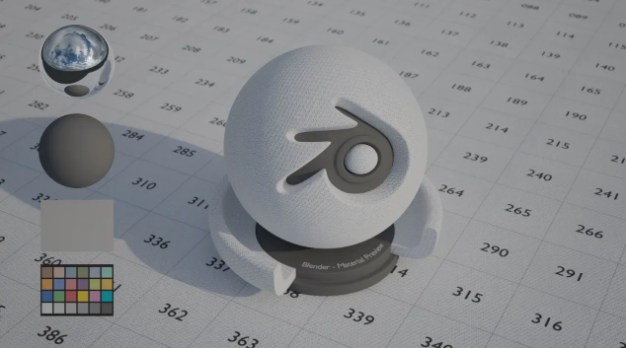 Blender material preview sphere with a scanned fabric material, on a printed reference grid.
